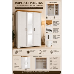Ropero 3 puertas en madera maciza  con espejo