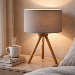 Lampara de mesa madera tipo tripode con pantalla