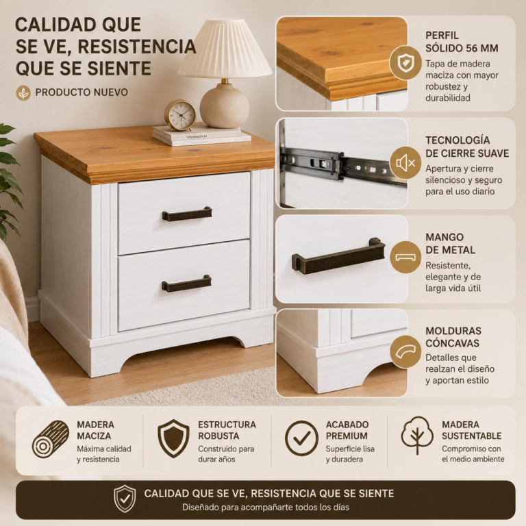 Mesa de luz en madera maciza 2 cajones