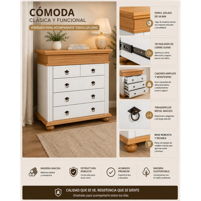 Comoda 3+2 cajones en madera maciza