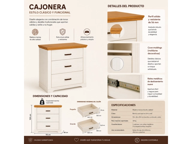 Mesa de luz madera maciza 3 cajones
